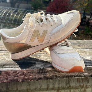 Off white and gold new balance sneakers